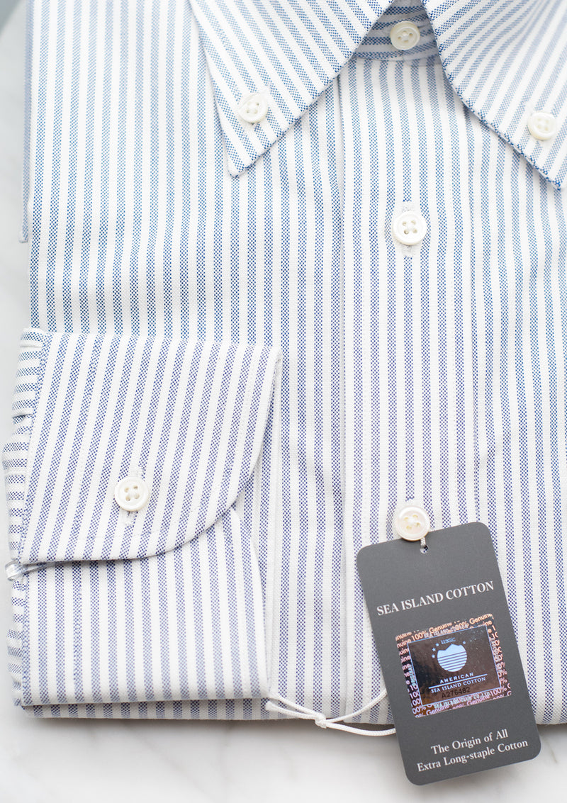 Classic Button Down Oxford Stripe American Sea Island Cotton - White/Navy